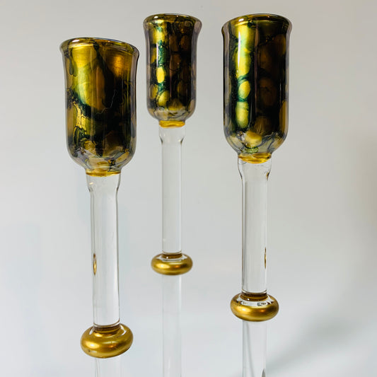 Long Stem Blown Glass Candle Holder - Tulip Gold & Teal