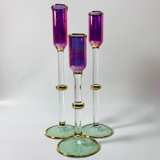 Long Stem Blown Glass Candle Holder - Tulip Purple