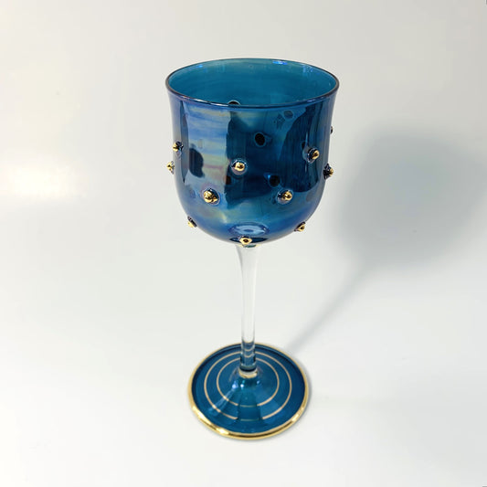 Blown Glass Long Stem Wine Glass - Blue with Gold Dots