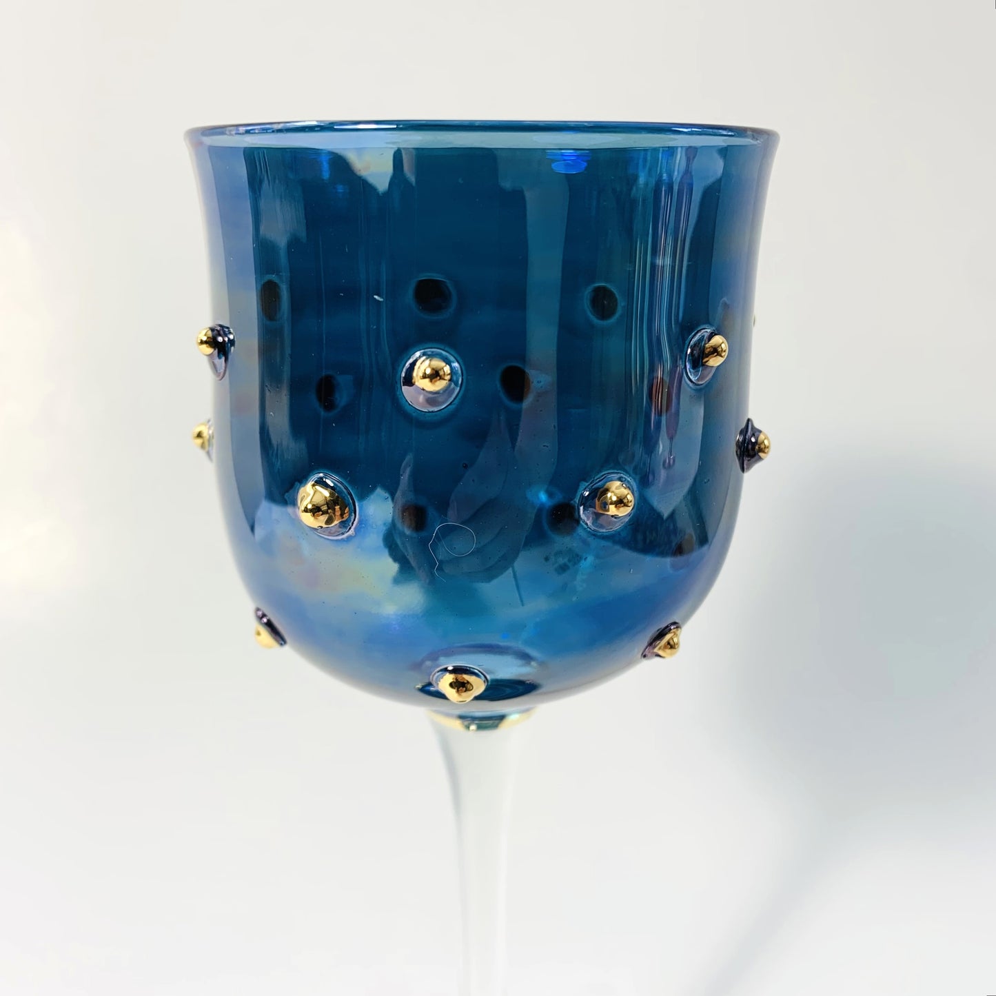 Blown Glass Long Stem Wine Glass - Blue with Gold Dots