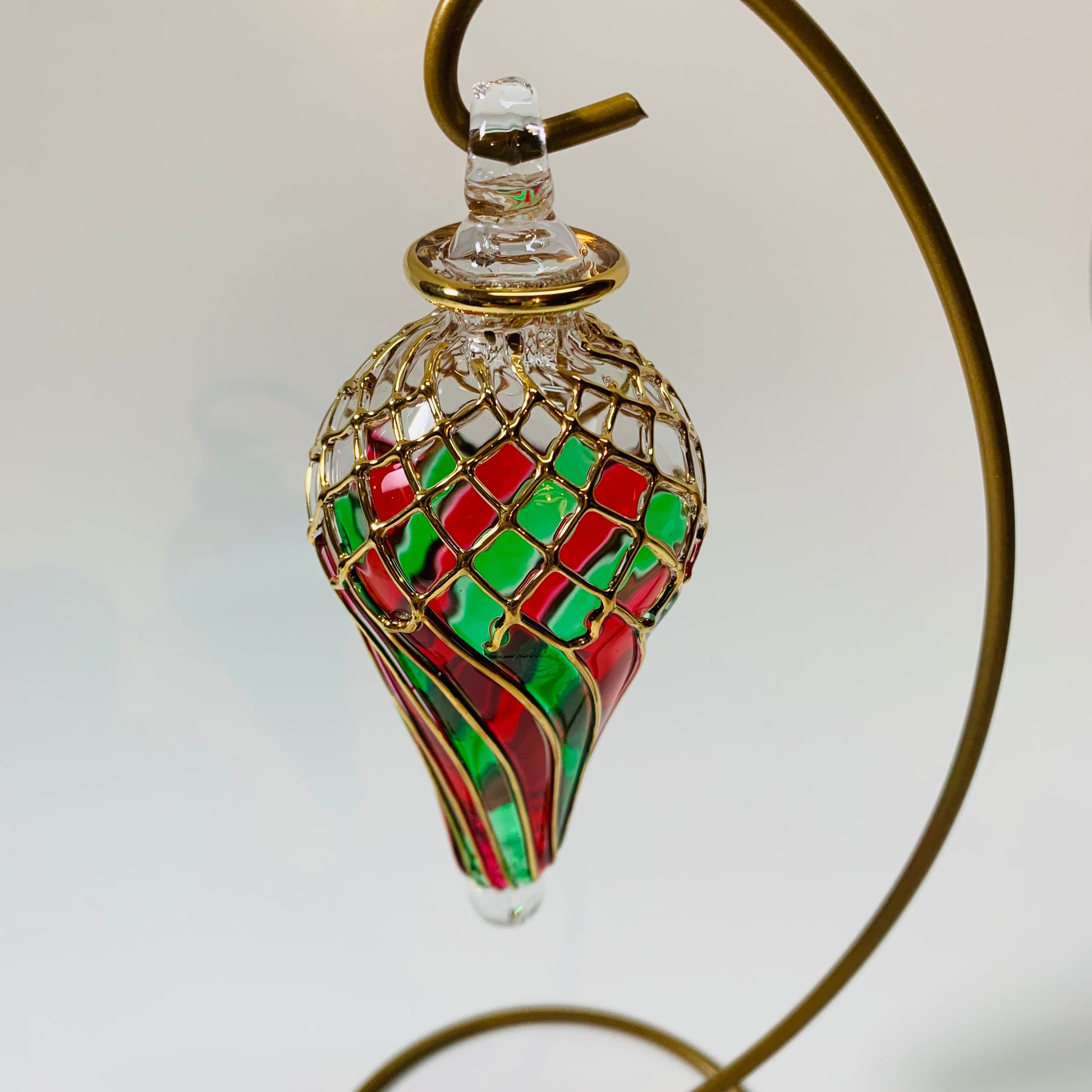 Blown Glass Ornament - Swirl Green & Red