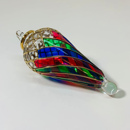 Blown Glass Ornament - Swirl Green, Red & Blue
