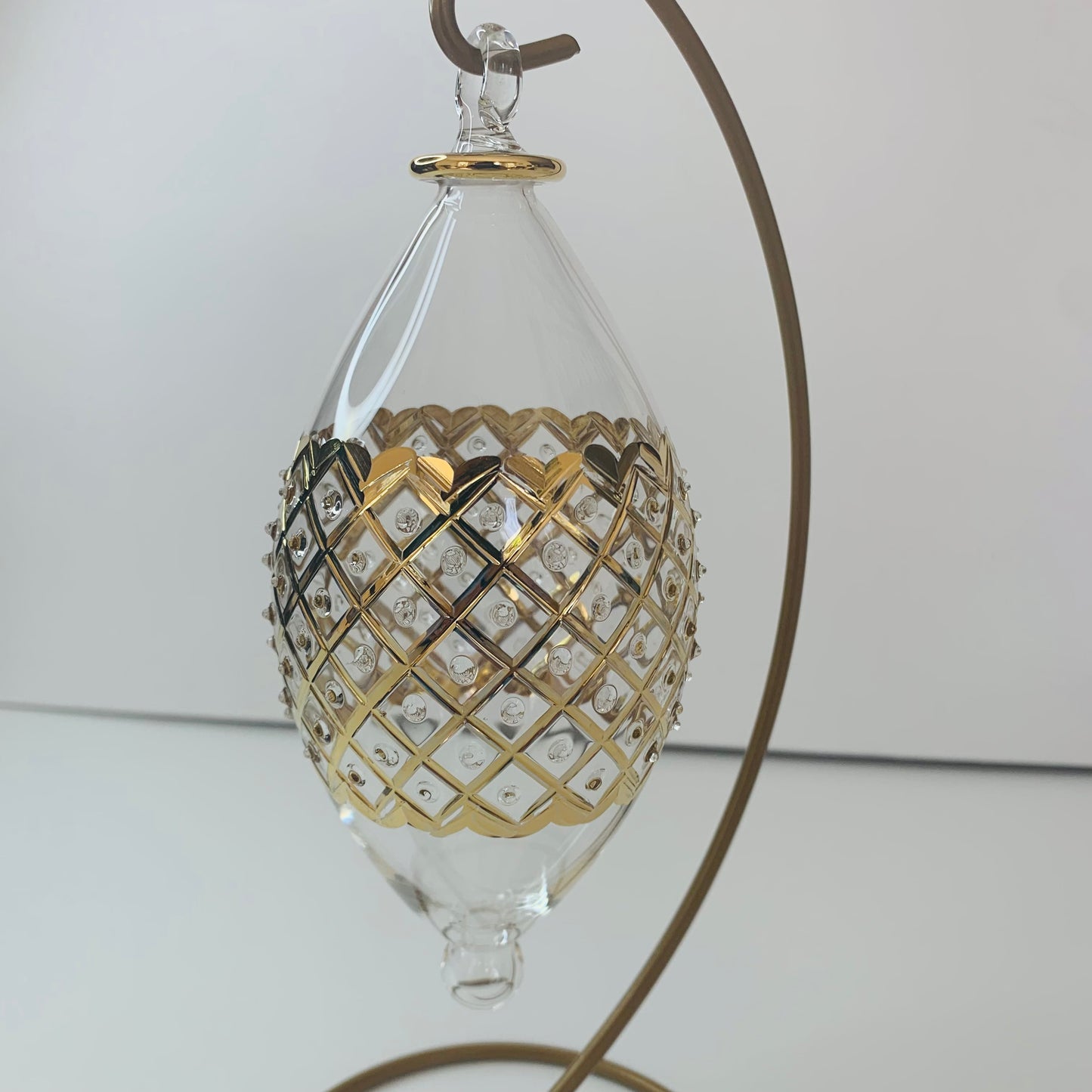 Blown Glass Oval Ornament - Gold Diamonds
