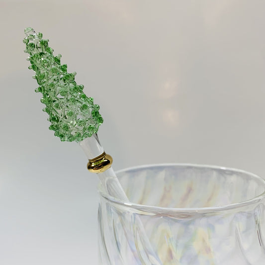 Blown Glass Cocktail Stirrer - Green Pine Tree