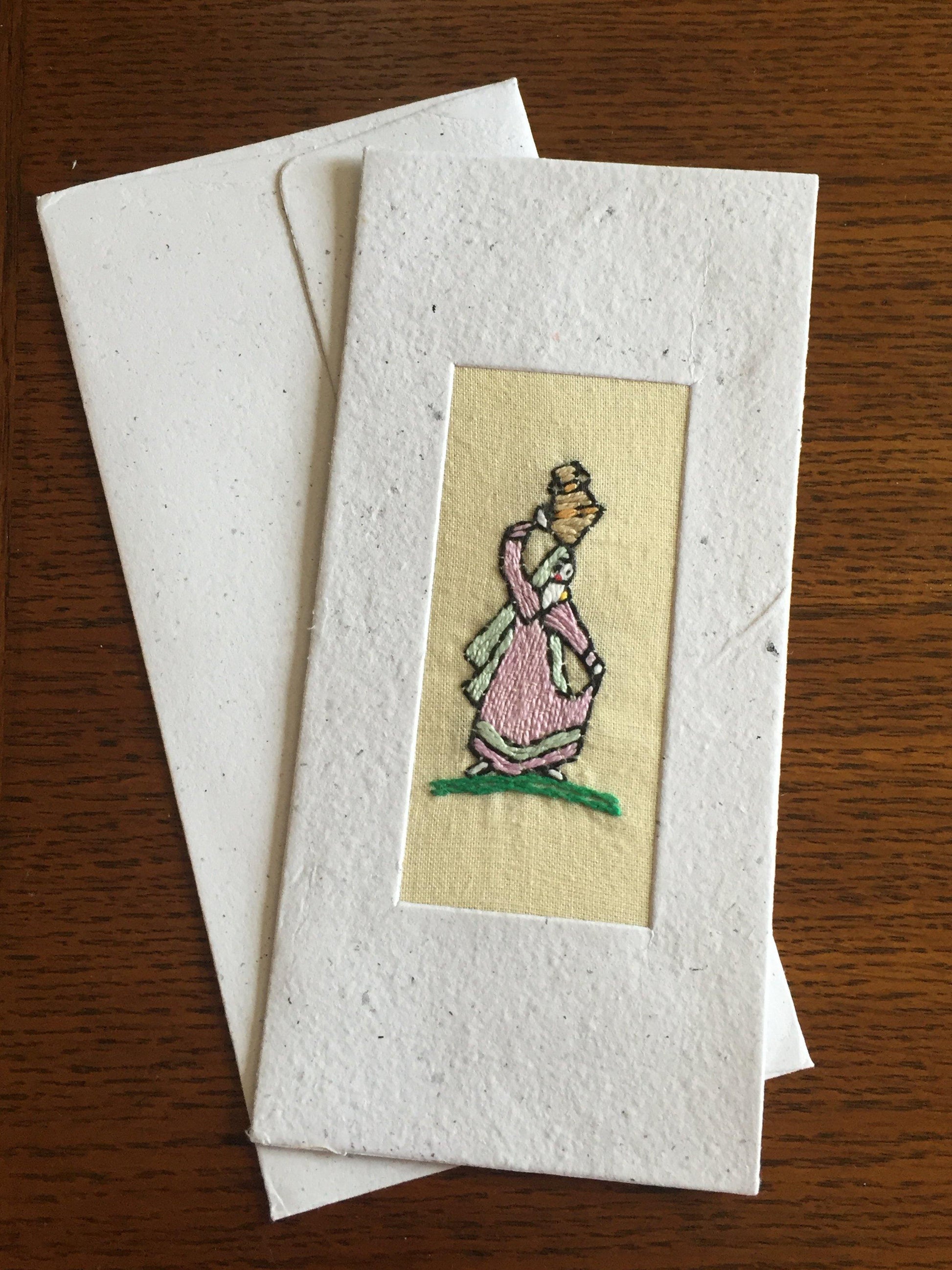 Handmade Recycled Paper Greeting Card with Embroidery - Water Carrier