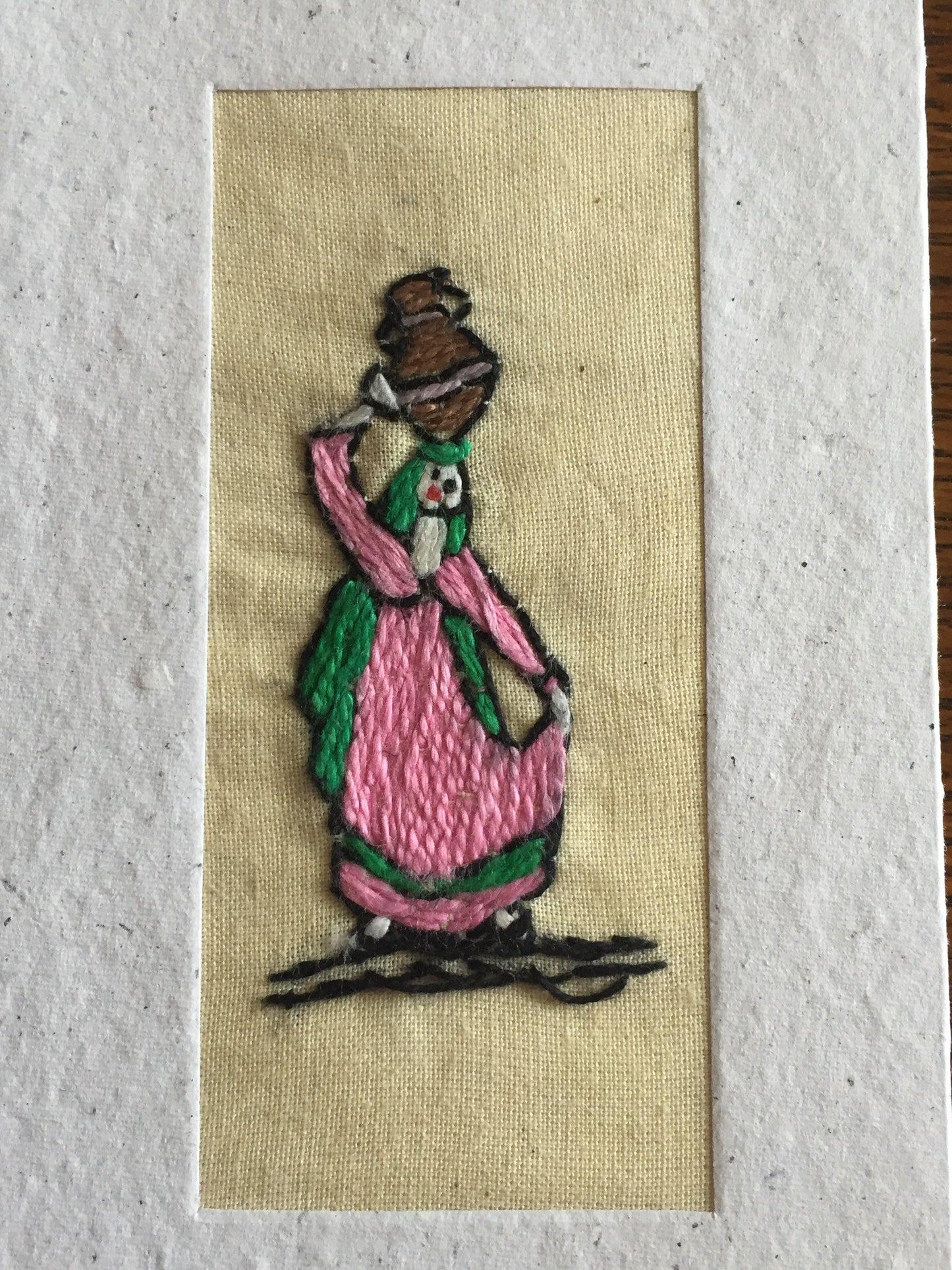 Handmade Recycled Paper Greeting Card with Embroidery - Water Carrier