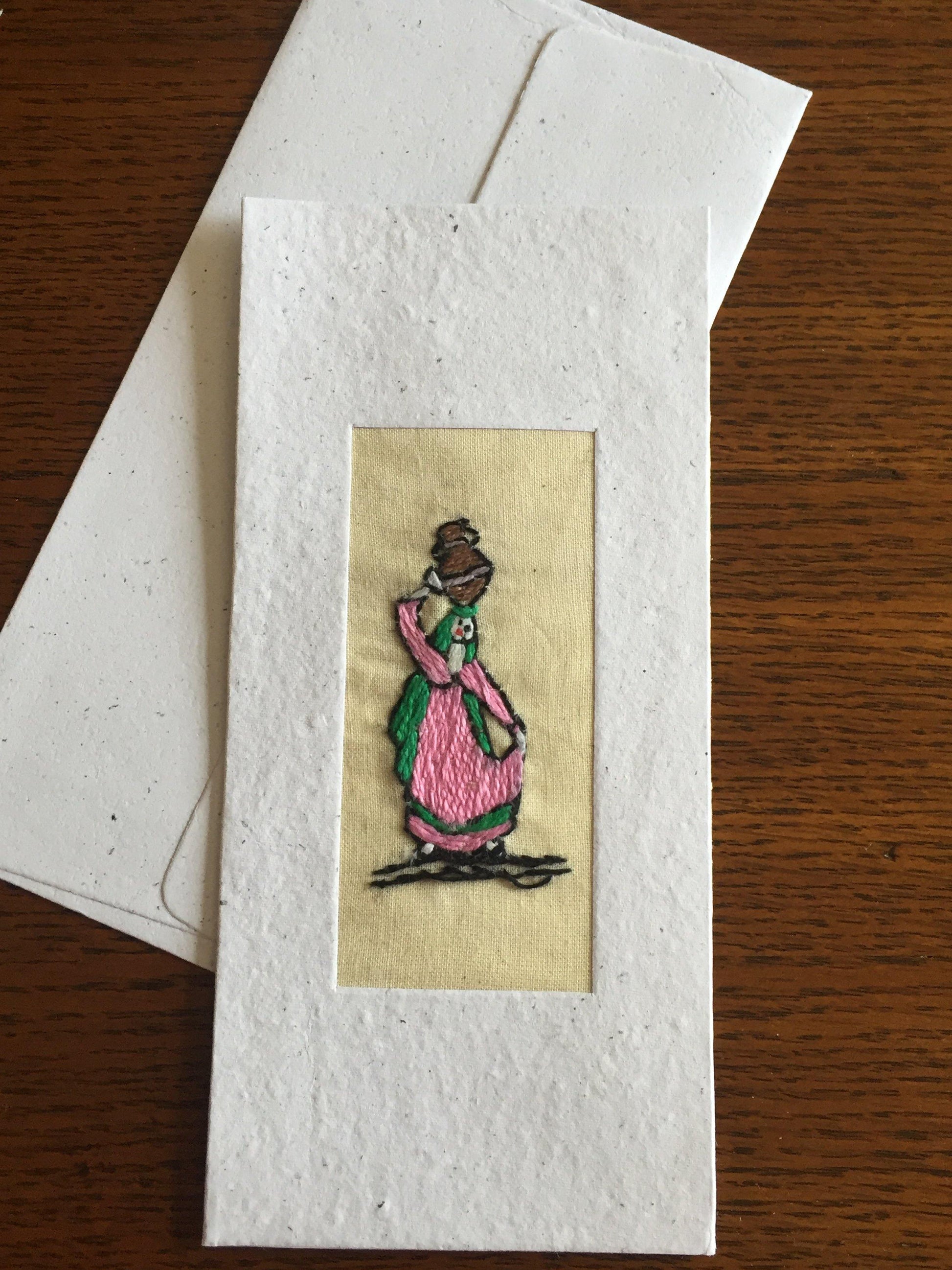 Handmade Recycled Paper Greeting Card with Embroidery - Water Carrier