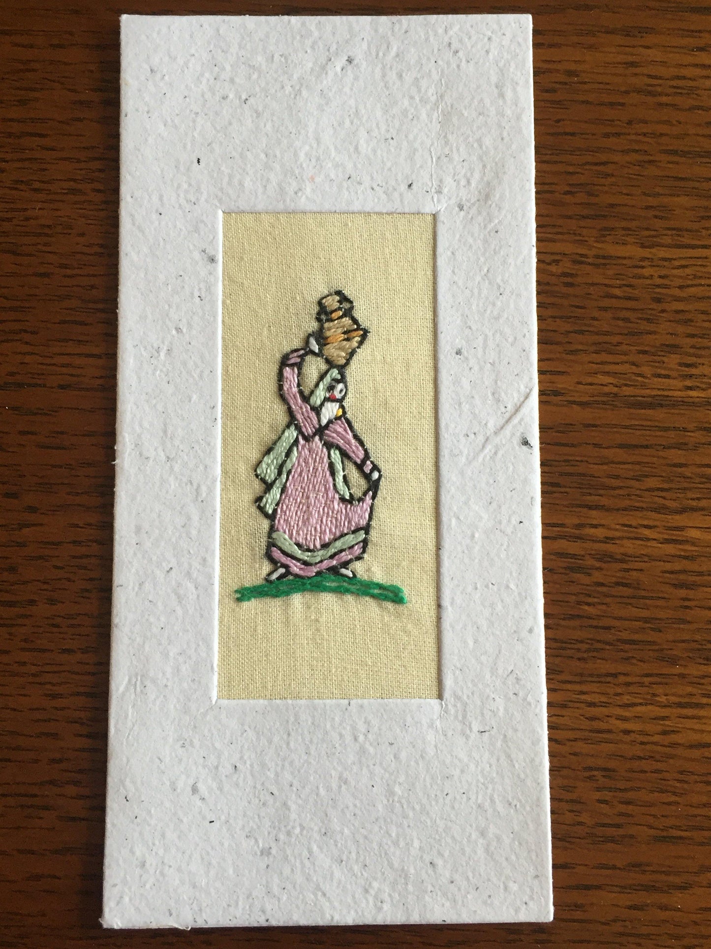 Handmade Recycled Paper Greeting Card with Embroidery - Water Carrier