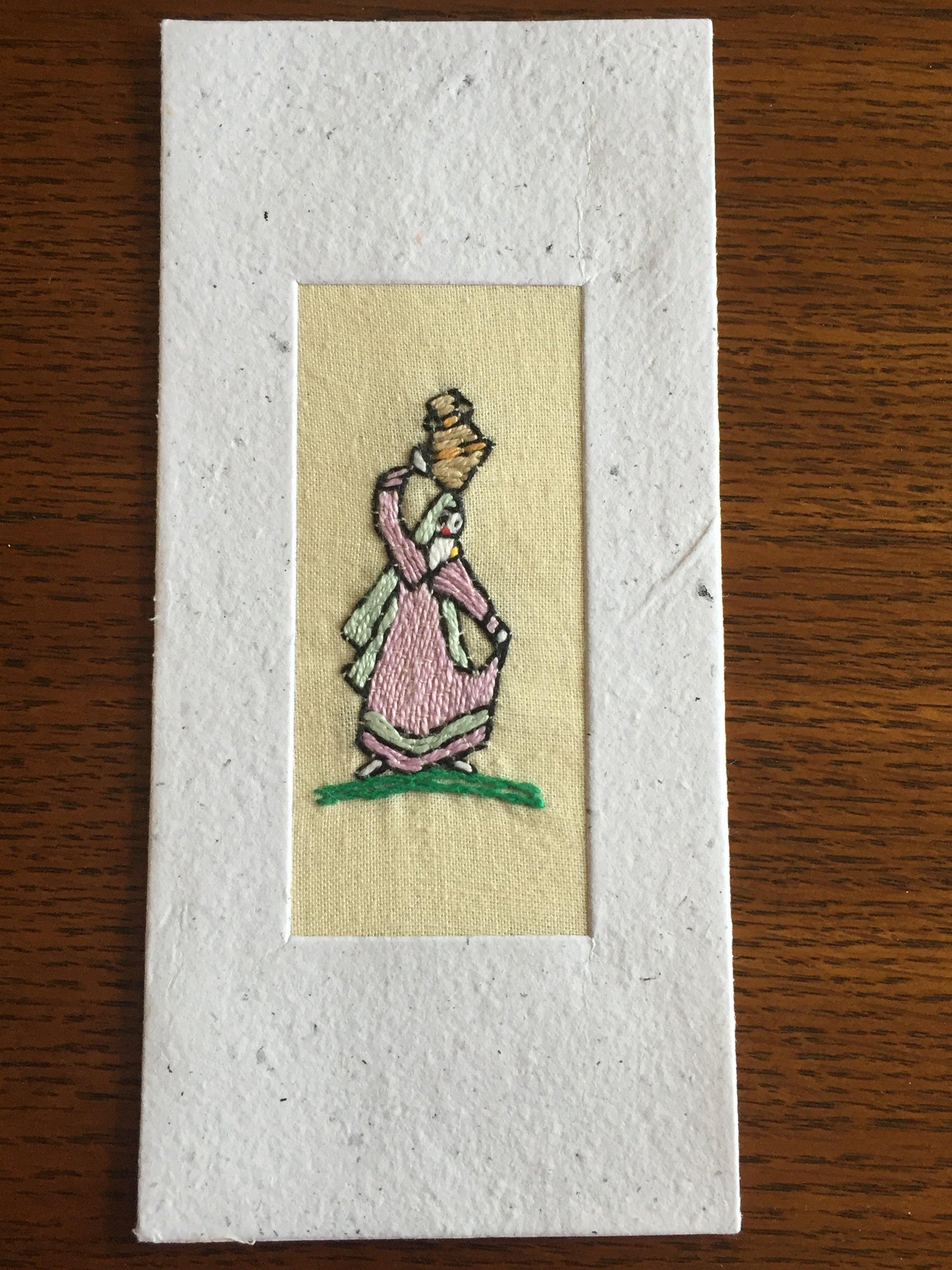 Handmade Recycled Paper Greeting Card with Embroidery - Water Carrier
