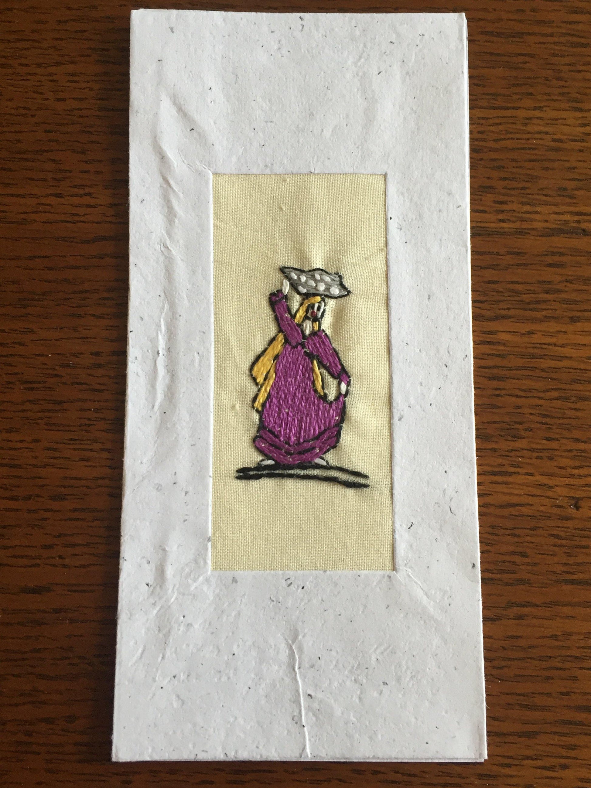 Handmade Recycled Paper Greeting Card with Embroidery - Water Carrier