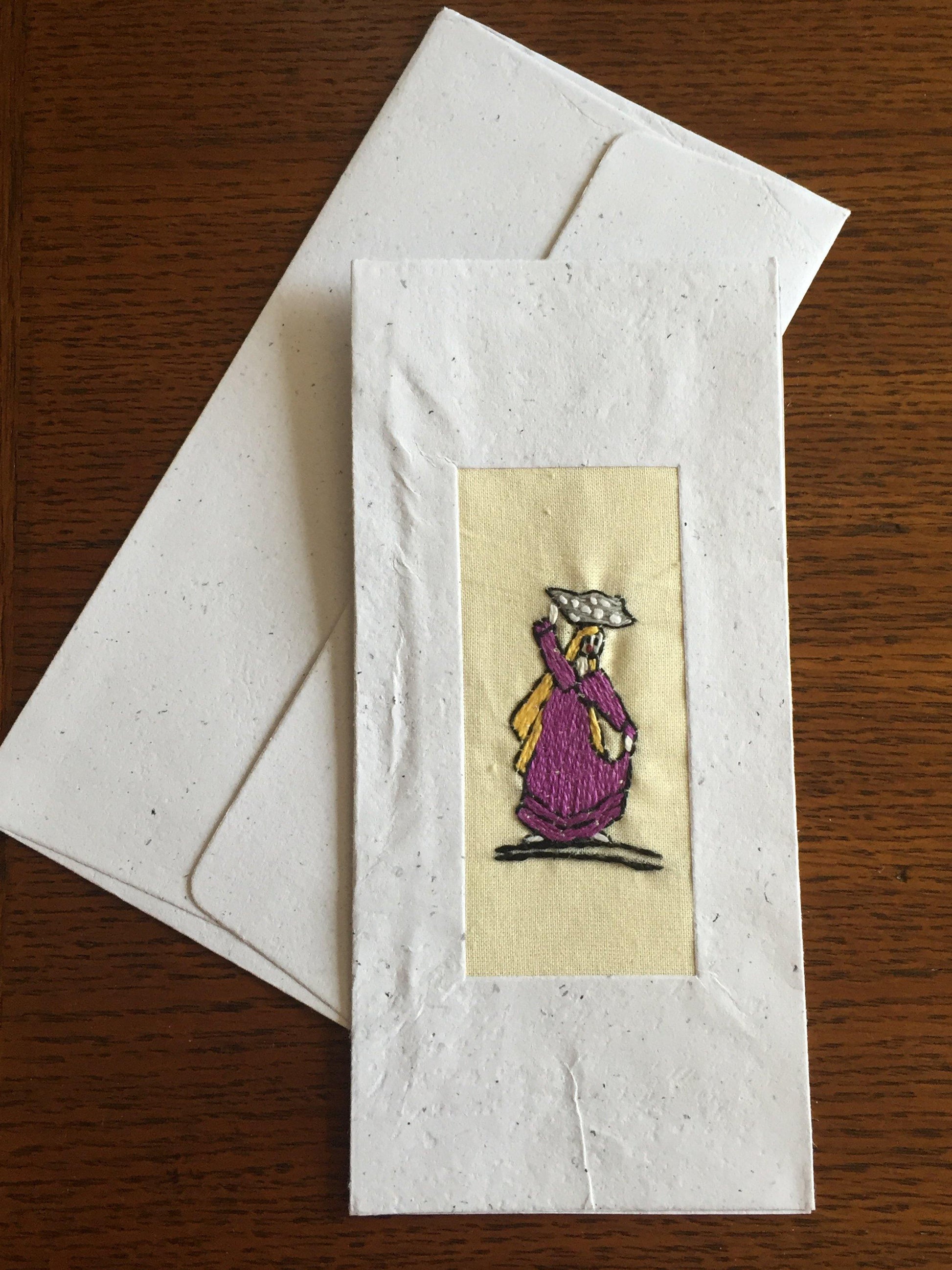 Handmade Recycled Paper Greeting Card with Embroidery - Water Carrier