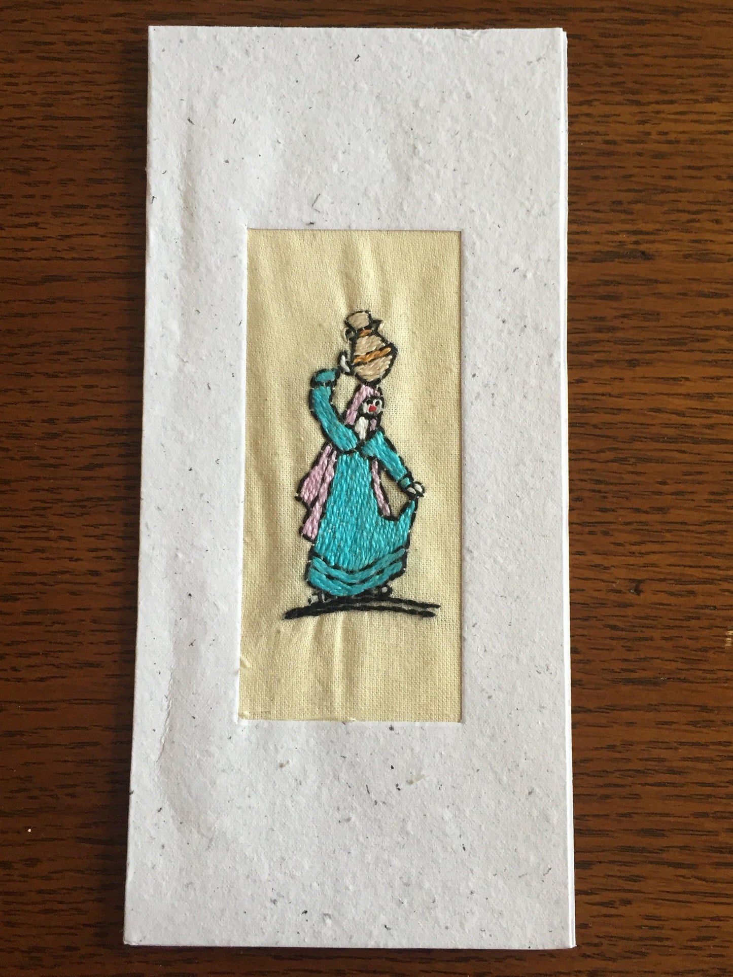 Handmade Recycled Paper Greeting Card with Embroidery - Water Carrier