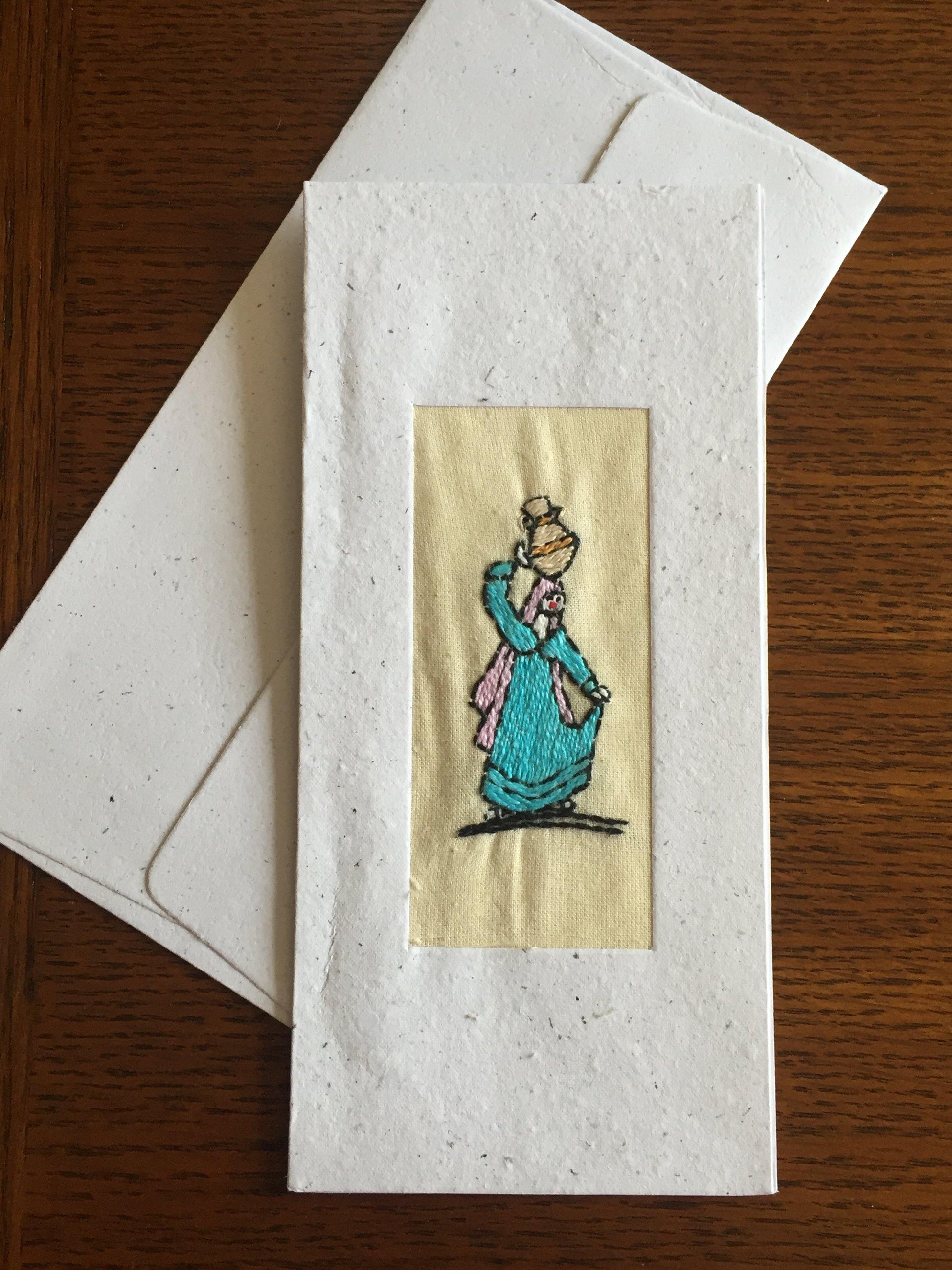 Handmade Recycled Paper Greeting Card with Embroidery - Water Carrier