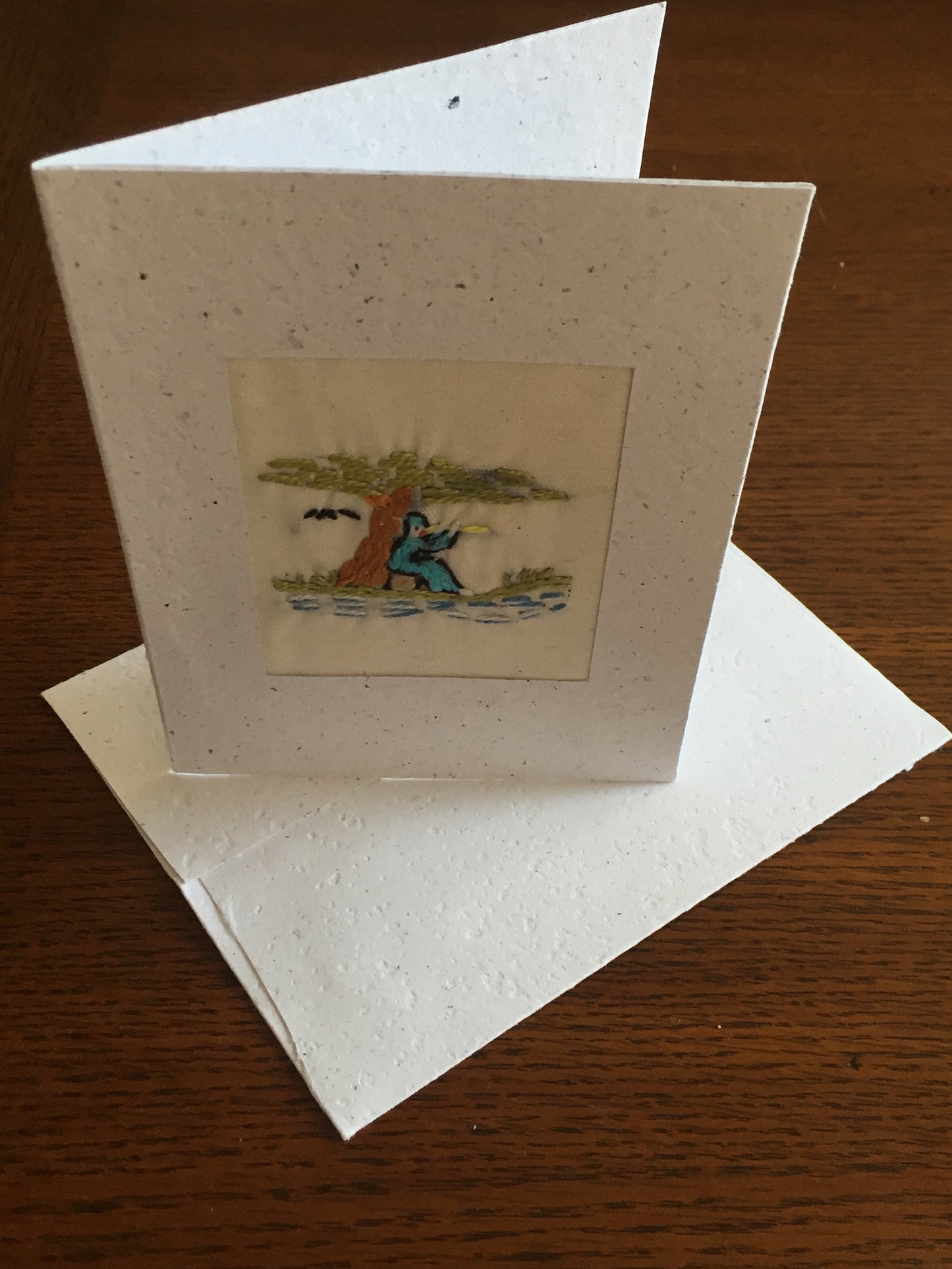 Handmade Recycled Paper Greeting Card with Embroidery - Flute Player