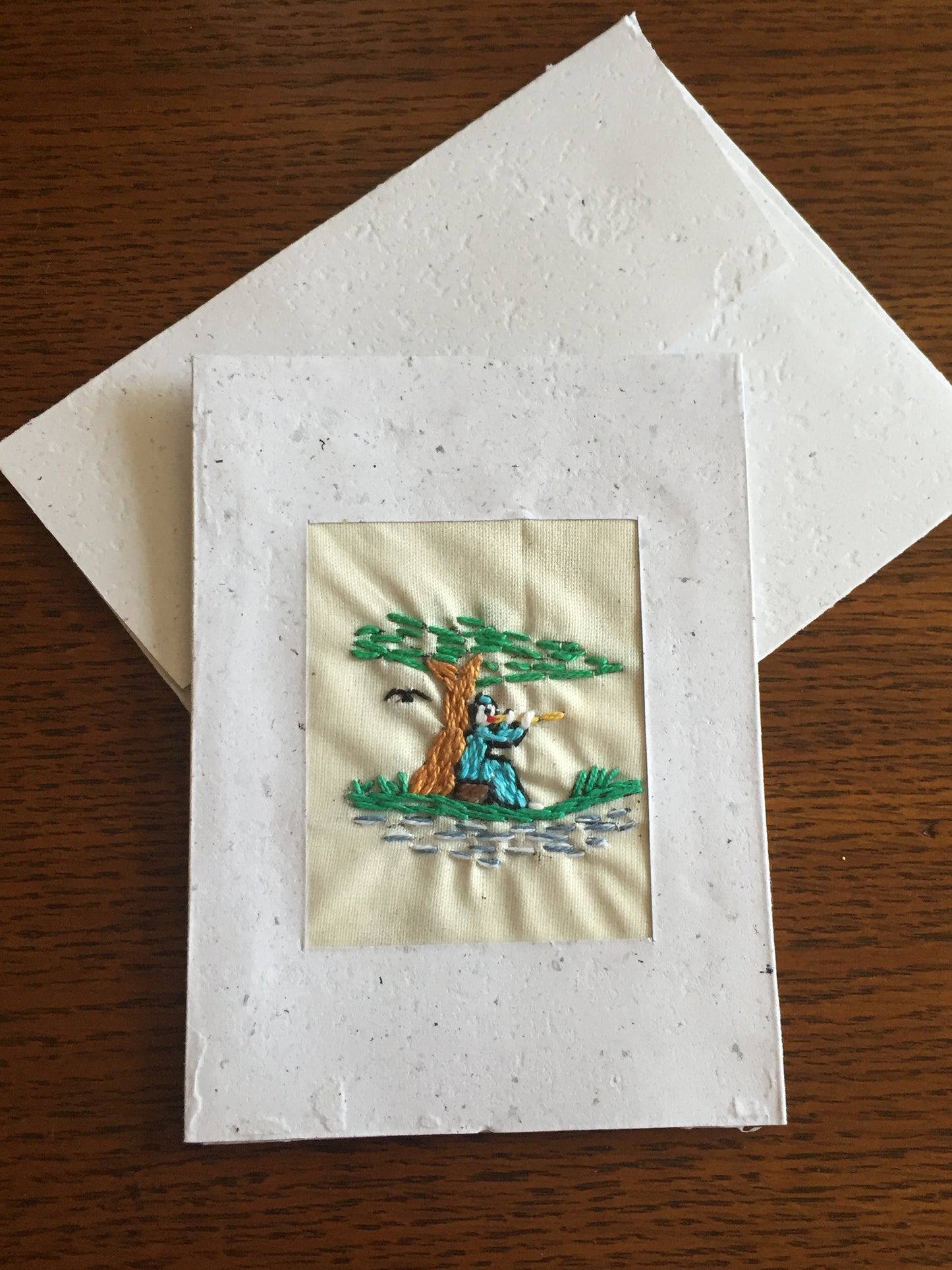 Handmade Recycled Paper Greeting Card with Embroidery - Flute Player