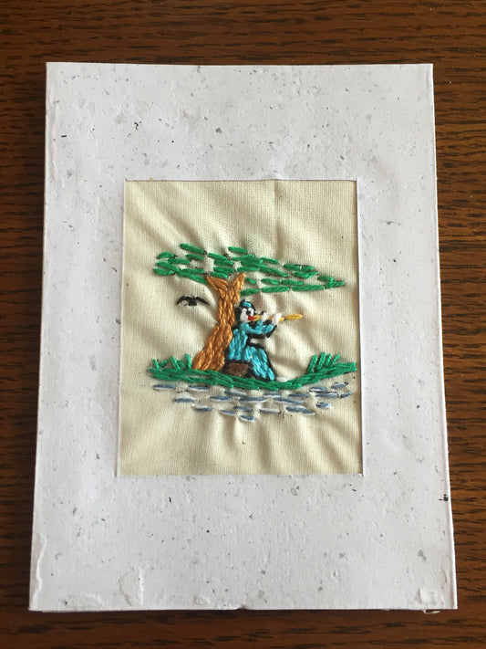 Handmade Recycled Paper Greeting Card with Embroidery - Flute Player