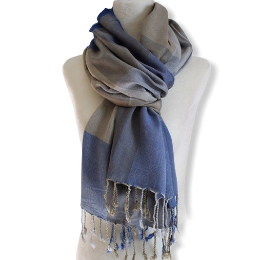 Plaid Handwoven Scarf - Blue & Beige