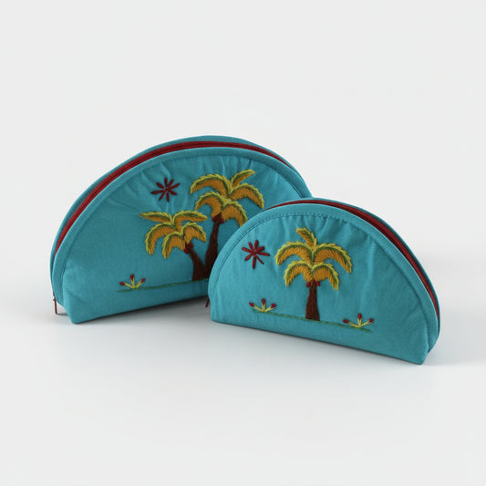 Amar Handcrafted Turquoise Fabric Cosmetic Bags with Hand-embroidered Palm Trees, Half Moon
