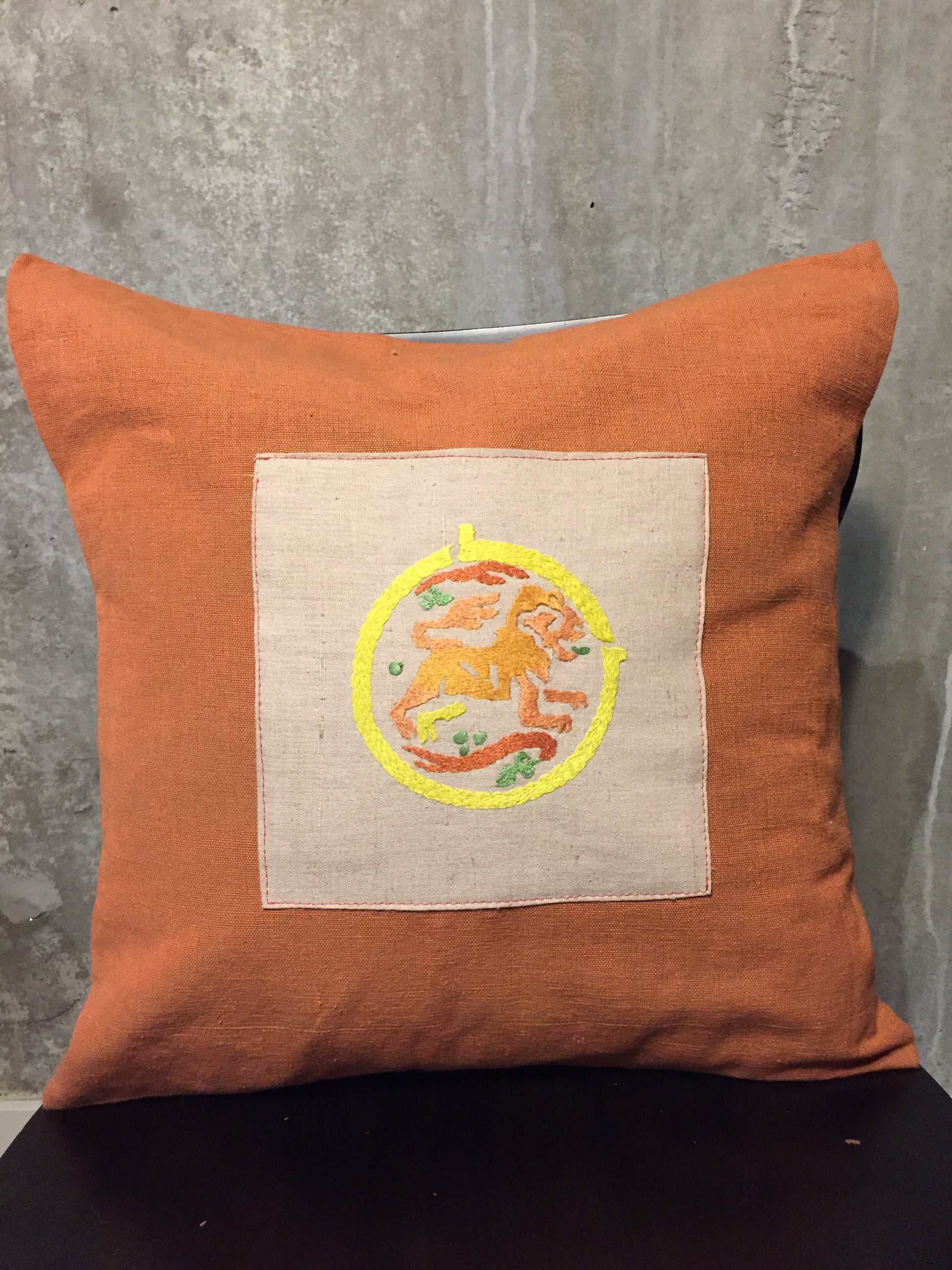 Handwoven Egyptian Cotton Cushion Cover - Hand Embroidered Art - Lion Motif