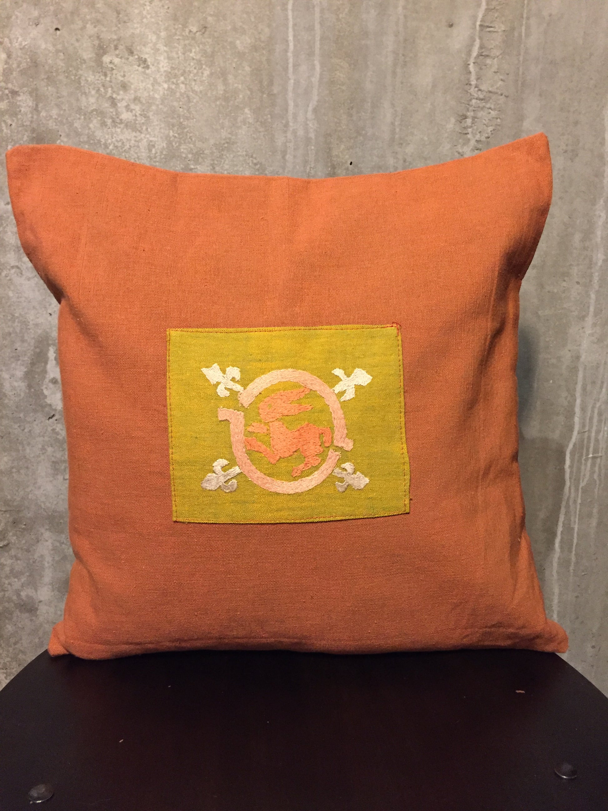 Handwoven Egyptian Cotton Cushion Cover - Hand Embroidered Art - Rabbit Motif