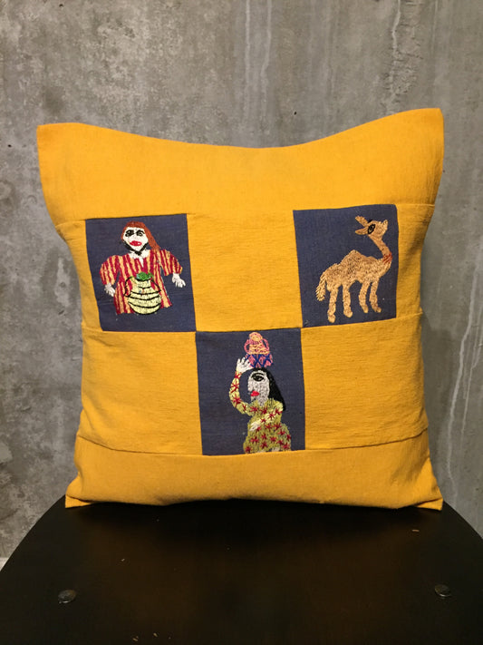 Handwoven Egyptian Cotton Cushion Cover - Hand Embroidered Art - Rural Scenes