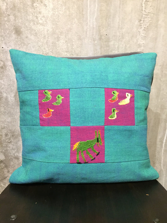 Handwoven Egyptian Cotton Cushion Cover - Hand Embroidered Art - Donkey & Ducks
