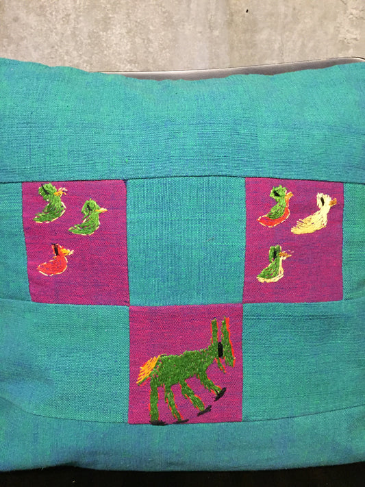Handwoven Egyptian Cotton Cushion Cover - Hand Embroidered Art - Donkey & Ducks