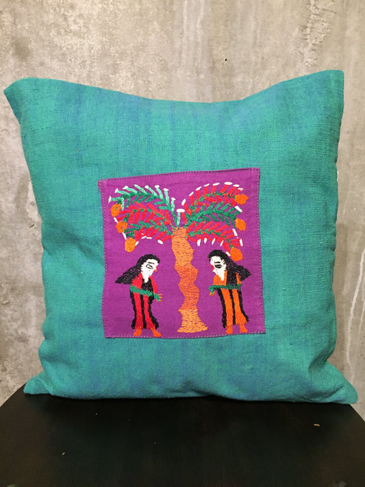 Handwoven Egyptian Cotton Cushion Cover - Hand Embroidered Art - Women Under Palm Tree