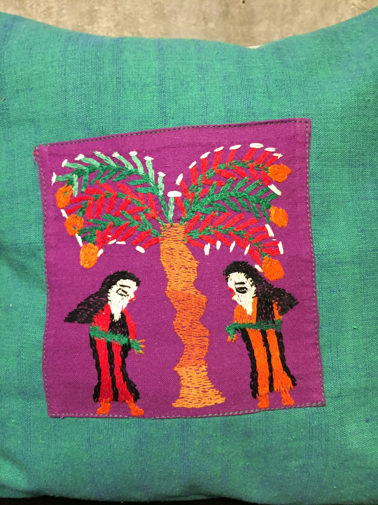 Handwoven Egyptian Cotton Cushion Cover - Hand Embroidered Art - Women Under Palm Tree