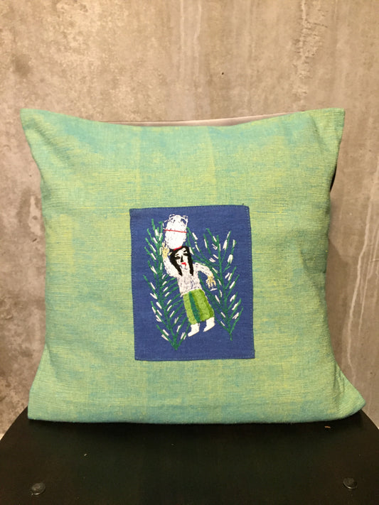 Handwoven Egyptian Cotton Cushion Cover - Hand Embroidered Art - Fellaha Carrying Water Jar