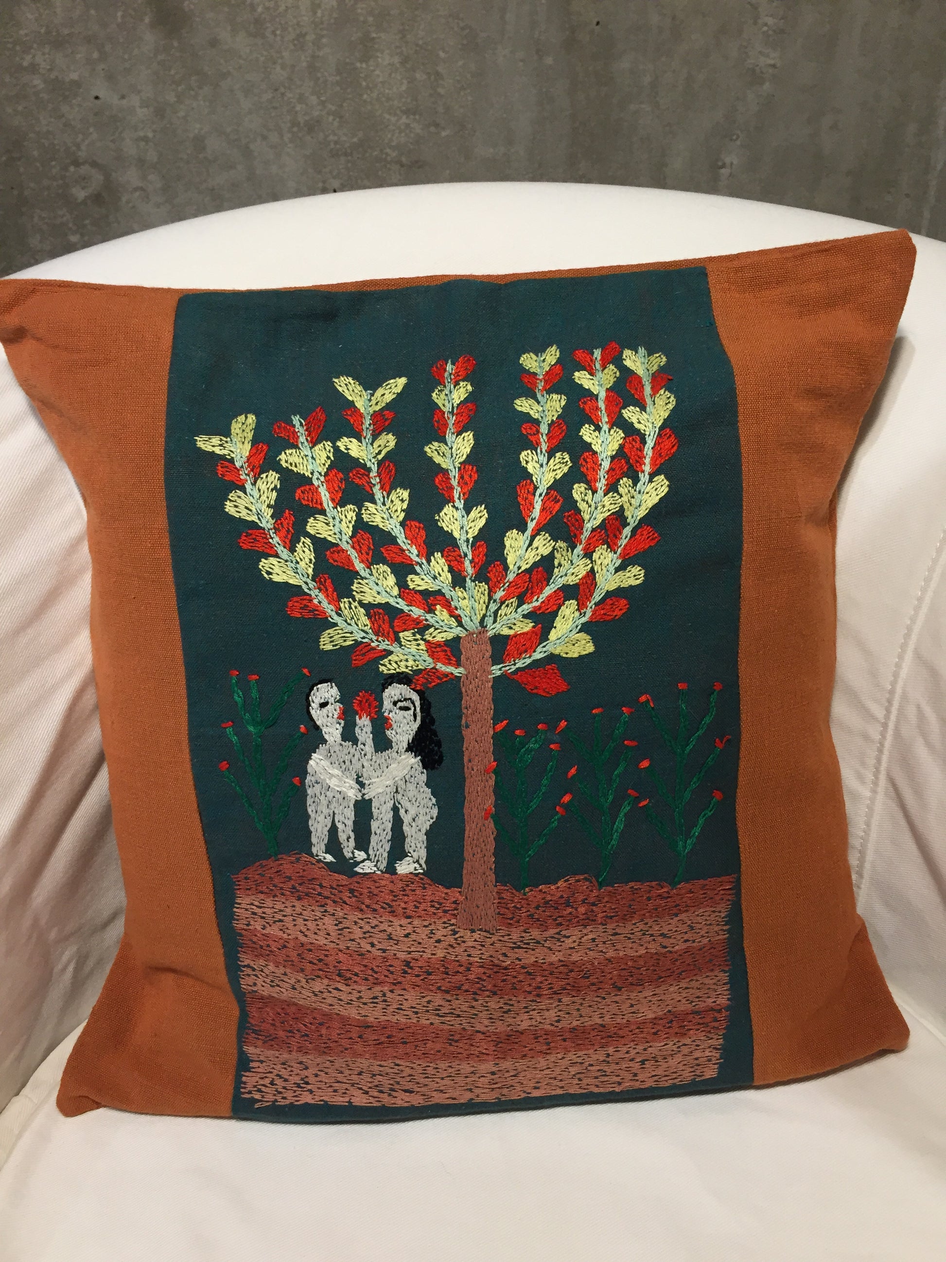Handwoven Egyptian Cotton Cushion Cover - Hand Embroidered Art - Adam & Eve