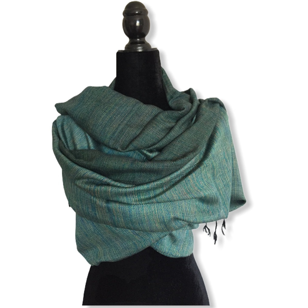 Double-faced Diagonal Shawl - Green & Mustard