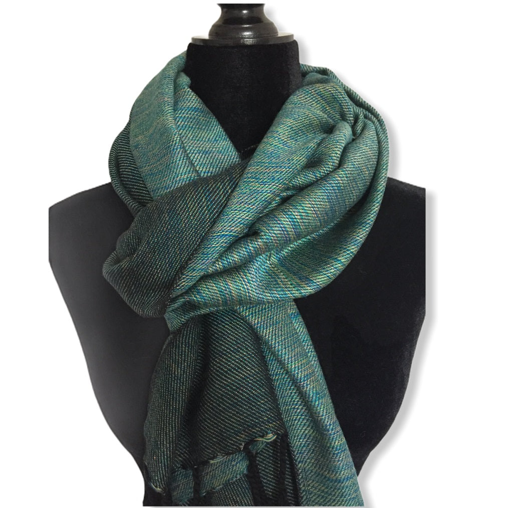 Double-faced Diagonal Shawl - Green & Mustard