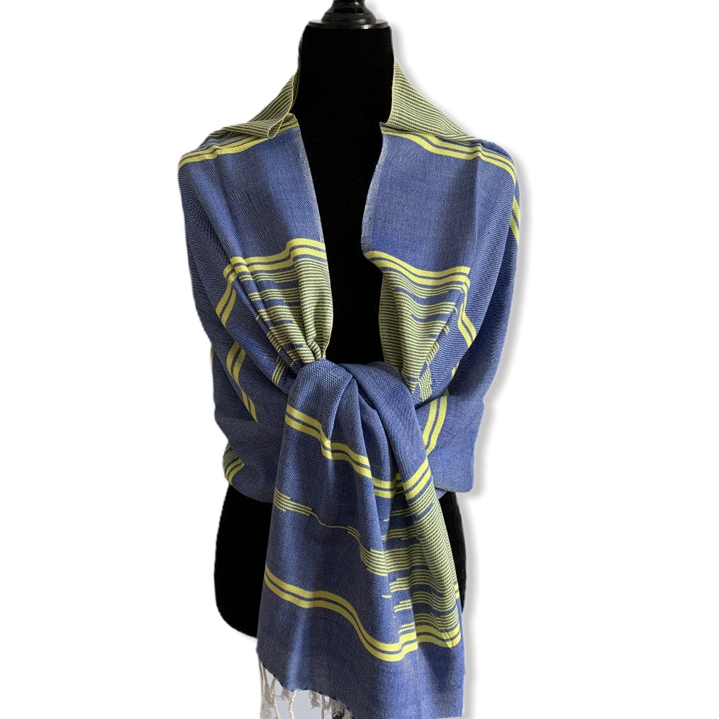 Geometric Design Handwoven Scarf - Blue and Yellow