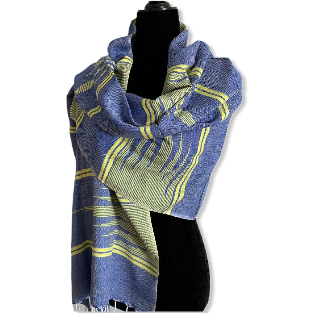 Geometric Design Handwoven Scarf - Blue and Yellow