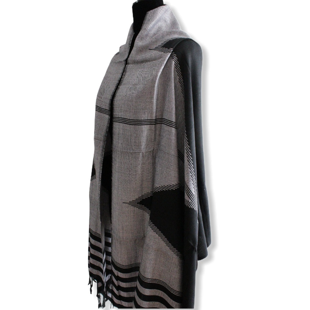 Geometric Handwoven Shawl - Black & White