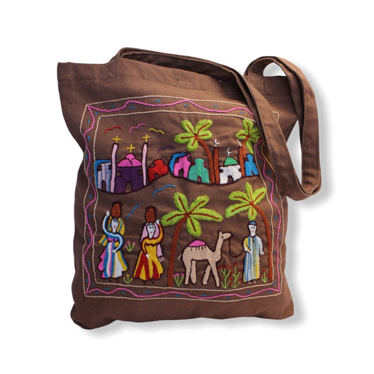 Hand Embroidered Canvas Tote Bag - Brown
