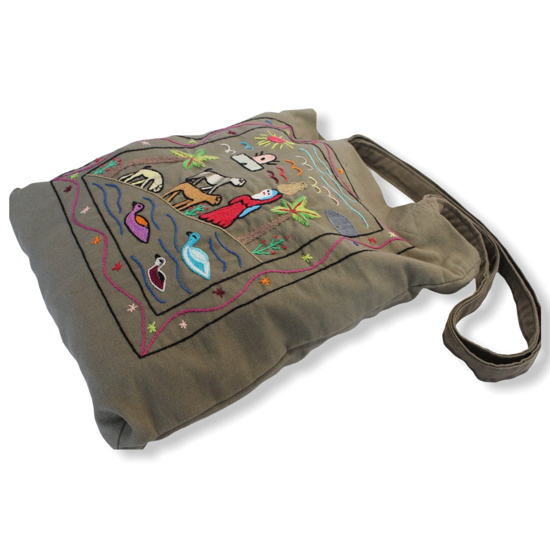 Hand Embroidered Canvas Tote Bag - Khaki - Dandarah