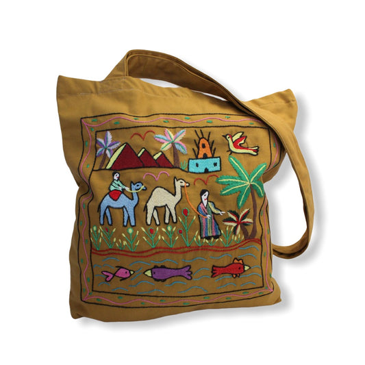 Hand Embroidered Canvas Tote Bag - Mustard