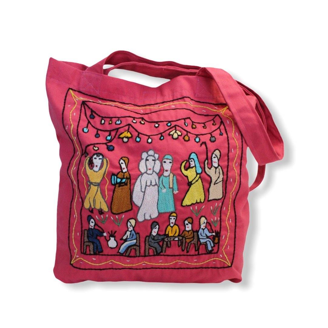 Hand Embroidered Canvas Tote Bag - Pink