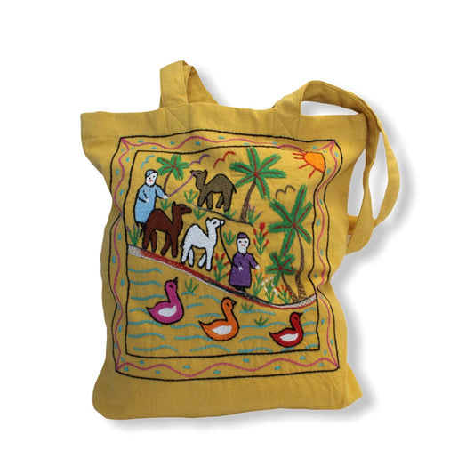 Hand Embroidered Canvas Tote Bag - Yellow