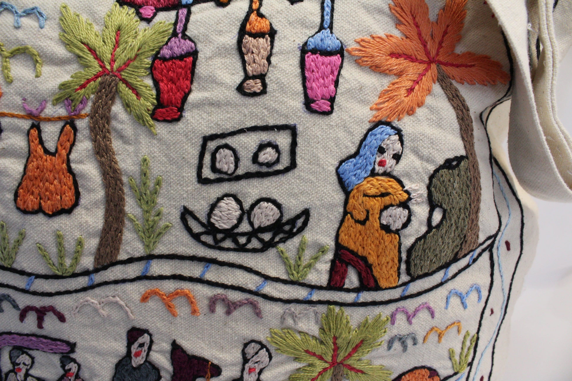 Hand Embroidered Canvas Tote Bag - Off-white