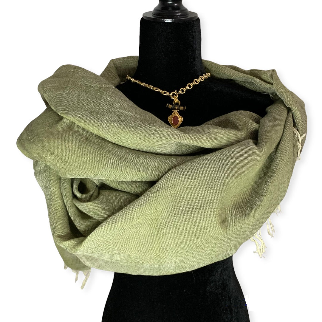 Linen Handwoven Scarf - Olive Green