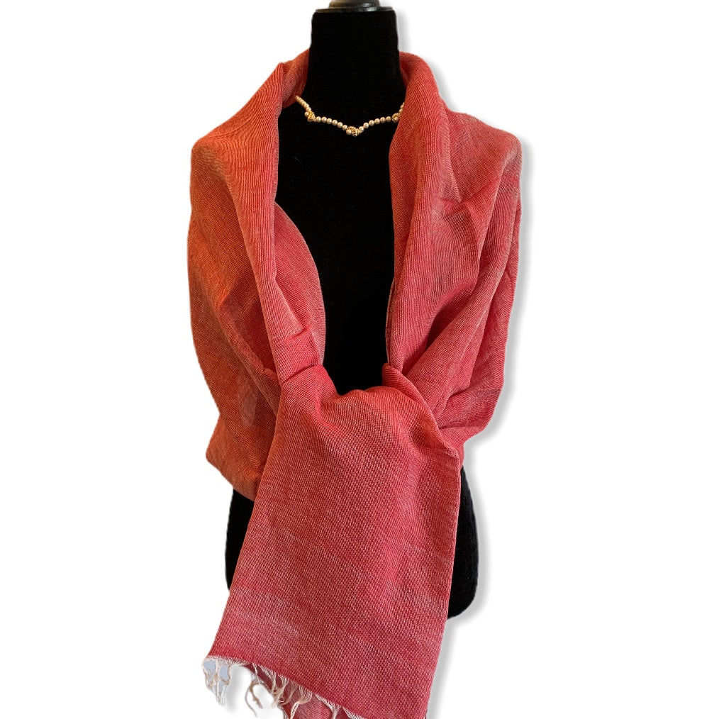 Fair Trade Handwoven Linen Scarf - Watermelon Red. Ethically Handmade by Artisans in Egypt