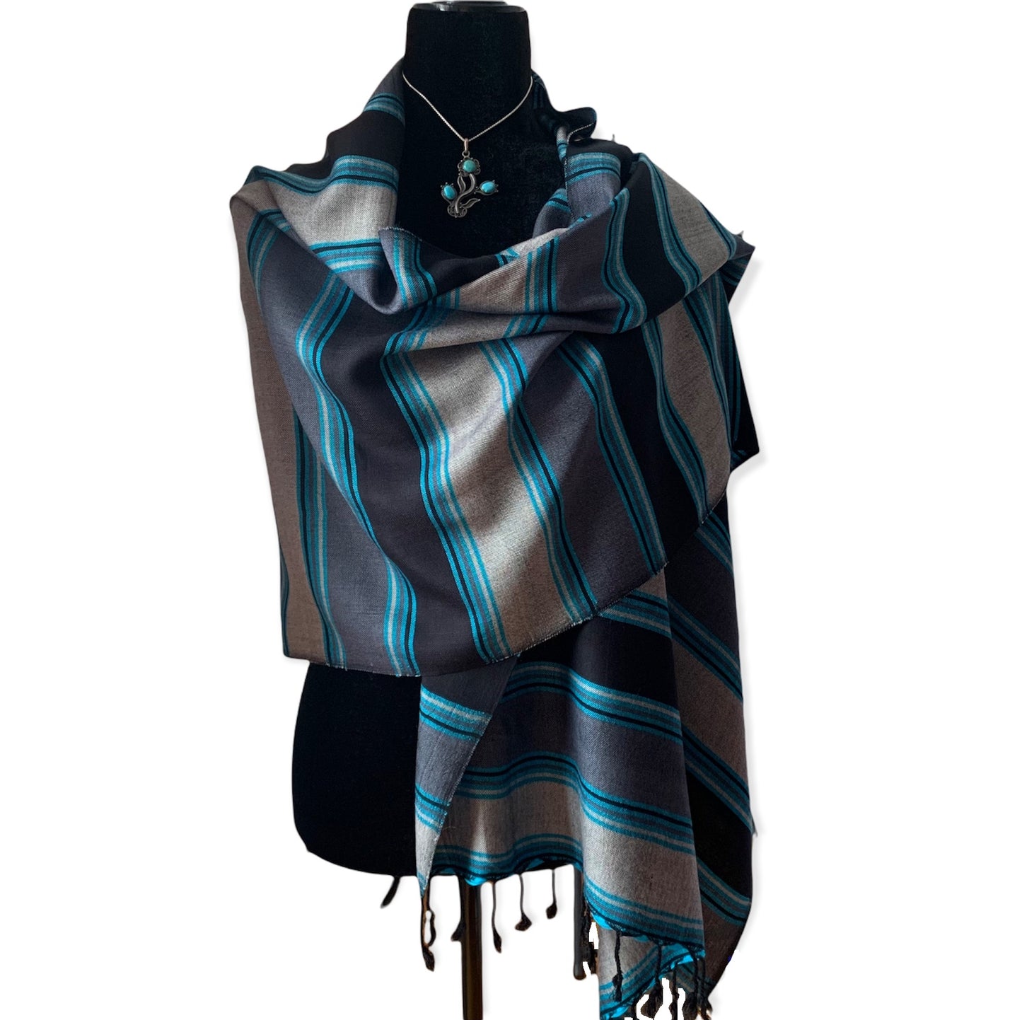 Horizontally Striped Handwoven Scarf - Black, Gray & Turquoise