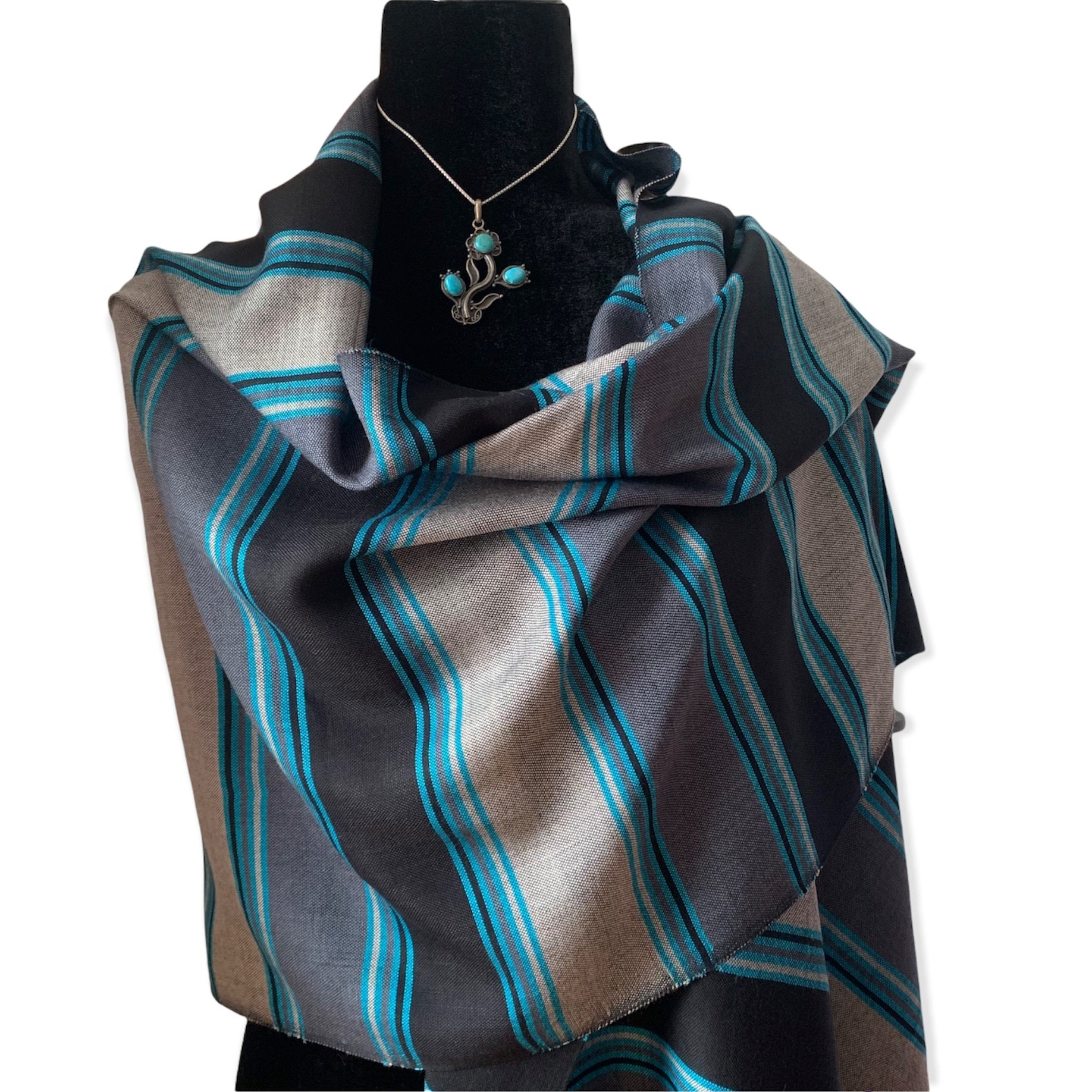 Horizontally Striped Handwoven Scarf - Black, Gray & Turquoise