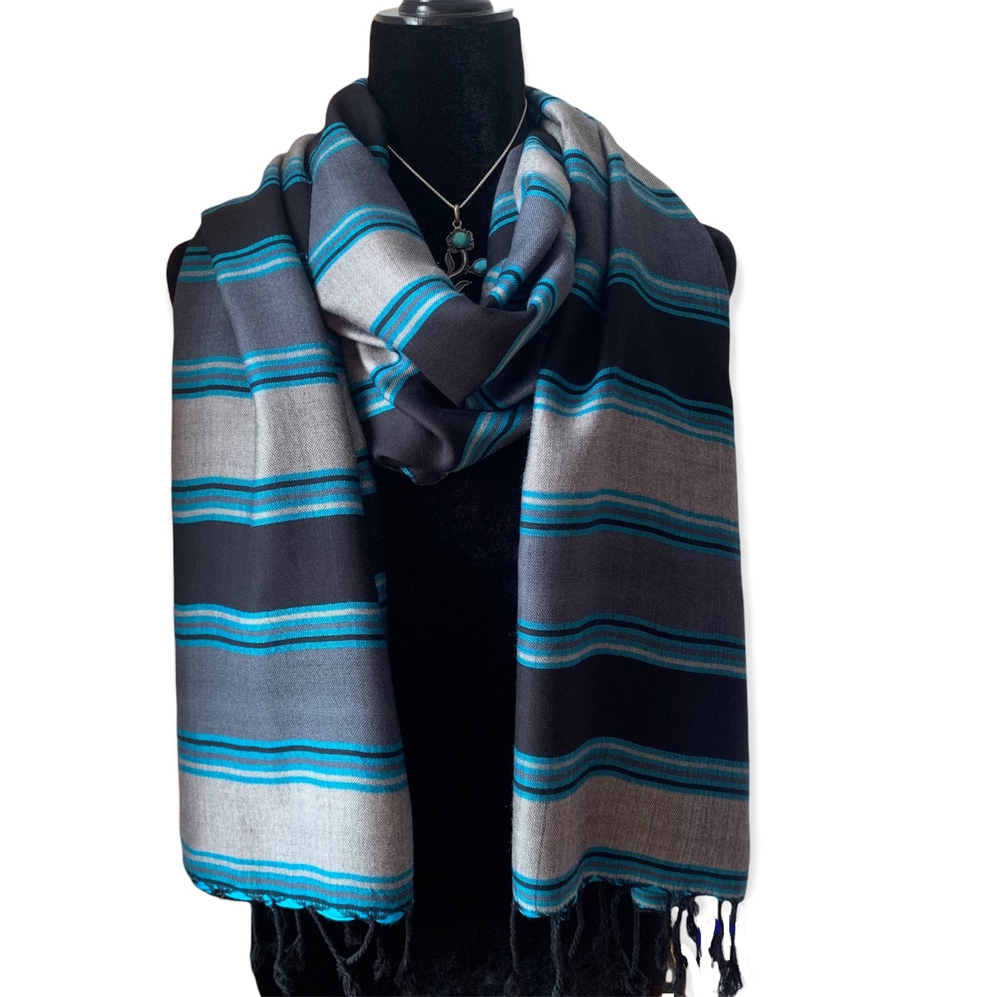 Horizontally Striped Handwoven Scarf - Black, Gray & Turquoise