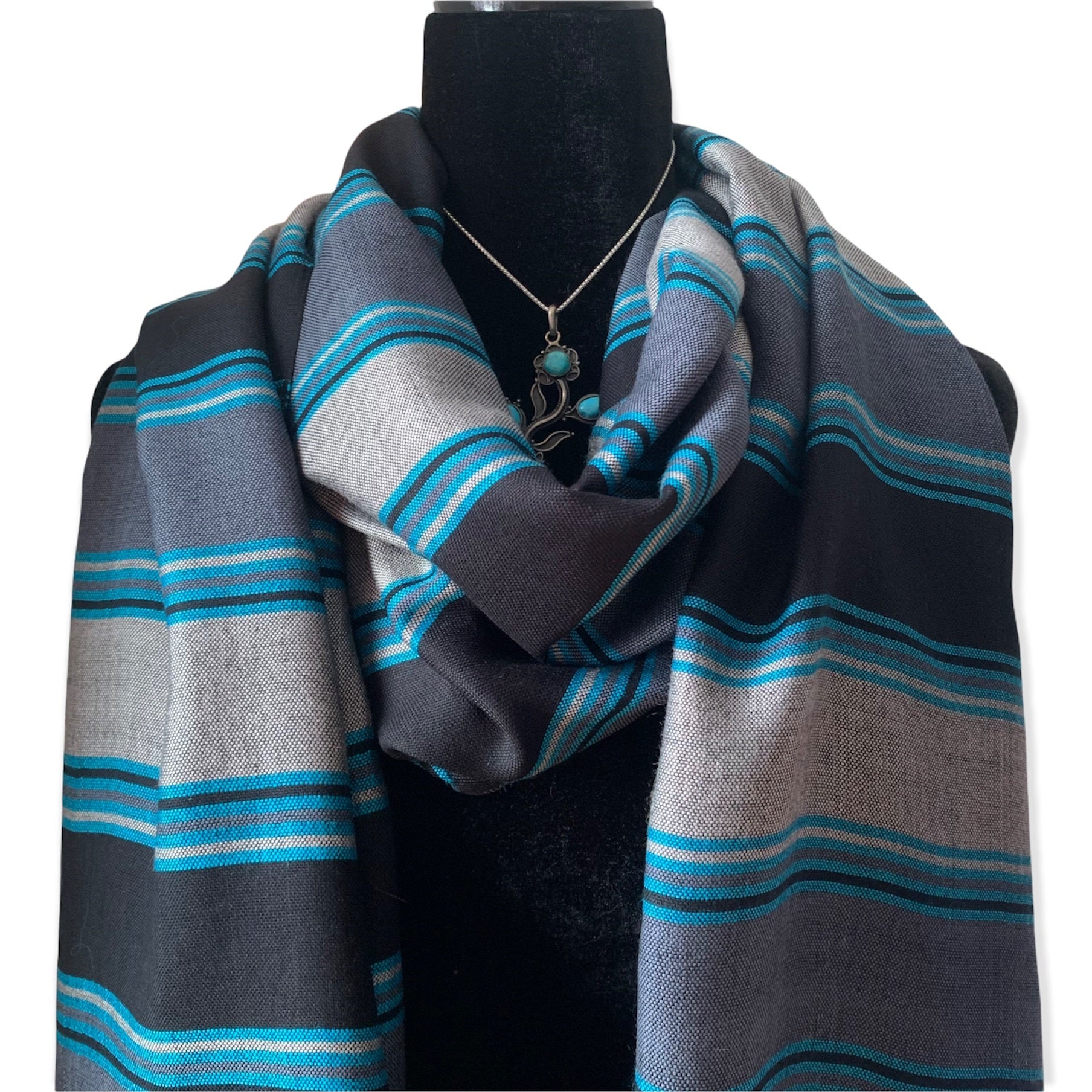 Horizontally Striped Handwoven Scarf - Black, Gray & Turquoise