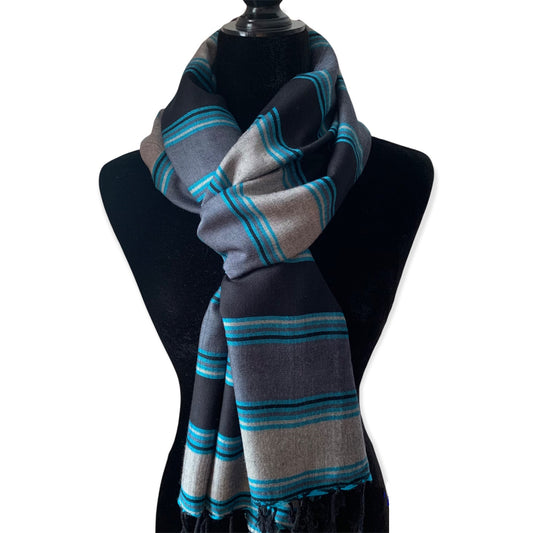 Horizontally Striped Handwoven Scarf - Black, Gray & Turquoise