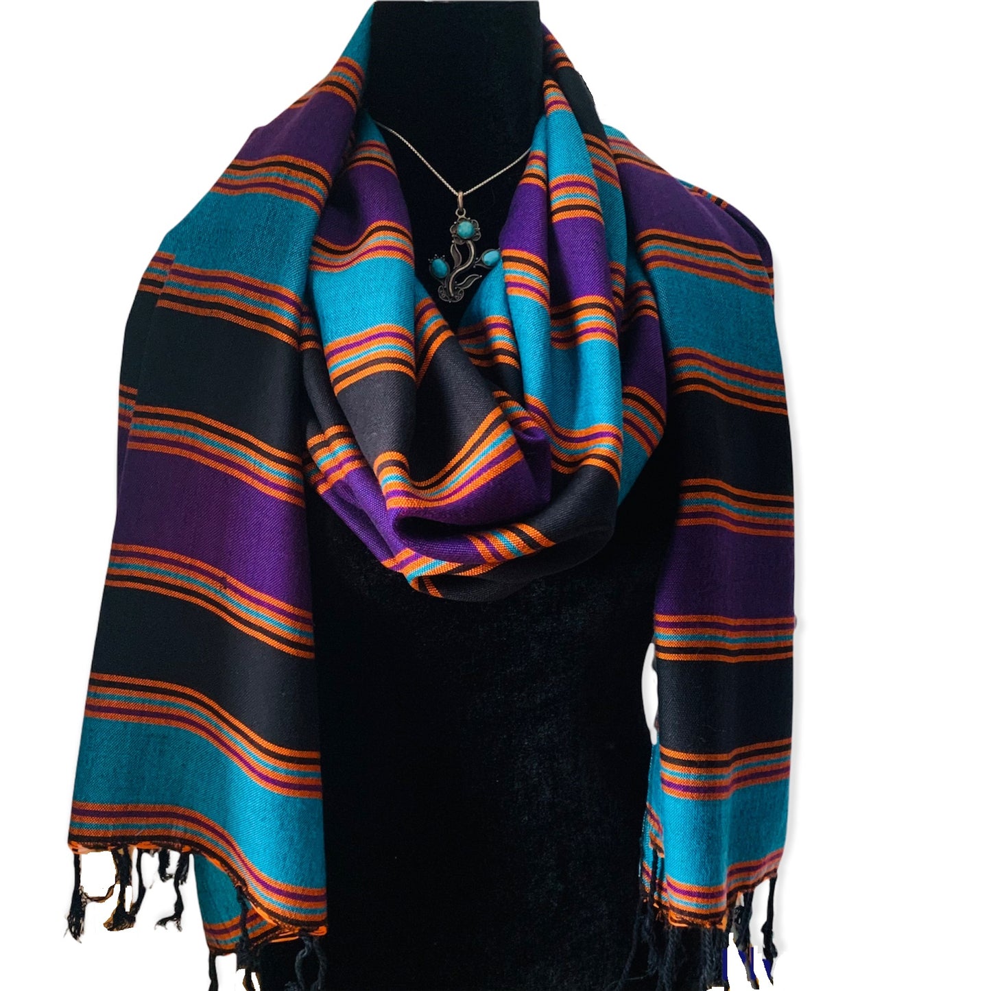 Horizontally Striped Handwoven Scarf - Black, Turquoise & Mauve